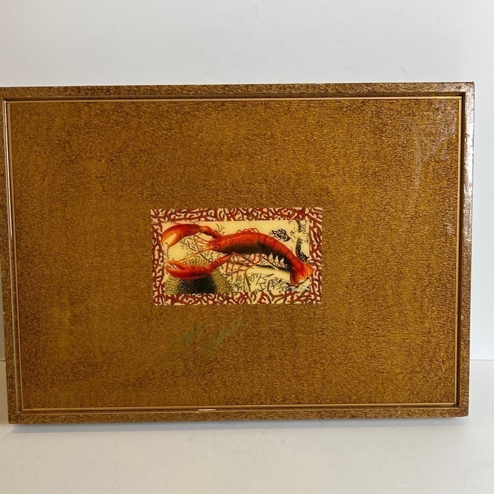 Annie Modica Signed Lobster Coral Stripe Decoupage Style Handle Tray Artisan - Picture 15 of 16